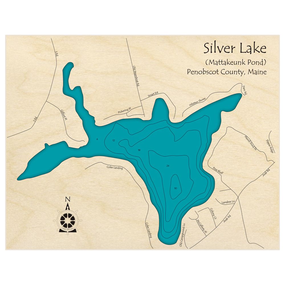 Bathymetric topo map of Silver Lake (Mattakeunk Pond) with roads, towns and depths noted in blue water