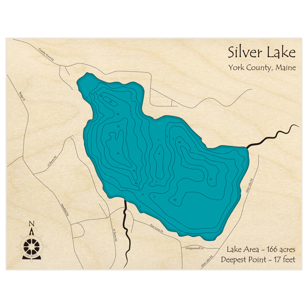 Bathymetric topo map of Silver Lake with roads, towns and depths noted in blue water