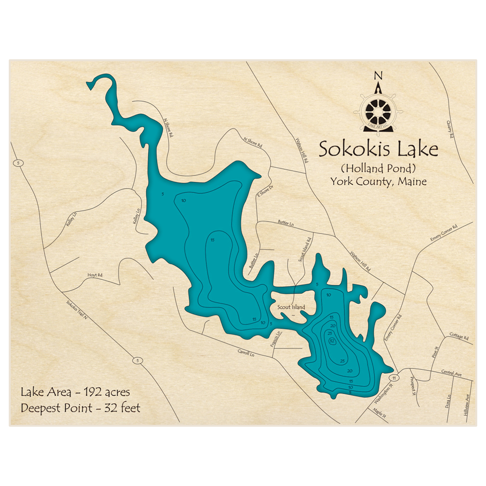 Bathymetric topo map of Sokokis Lake (Holland Pond) with roads, towns and depths noted in blue water