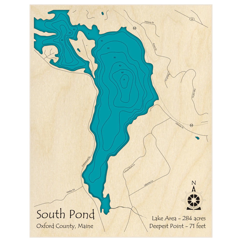 Bathymetric topo map of South Pond with roads, towns and depths noted in blue water
