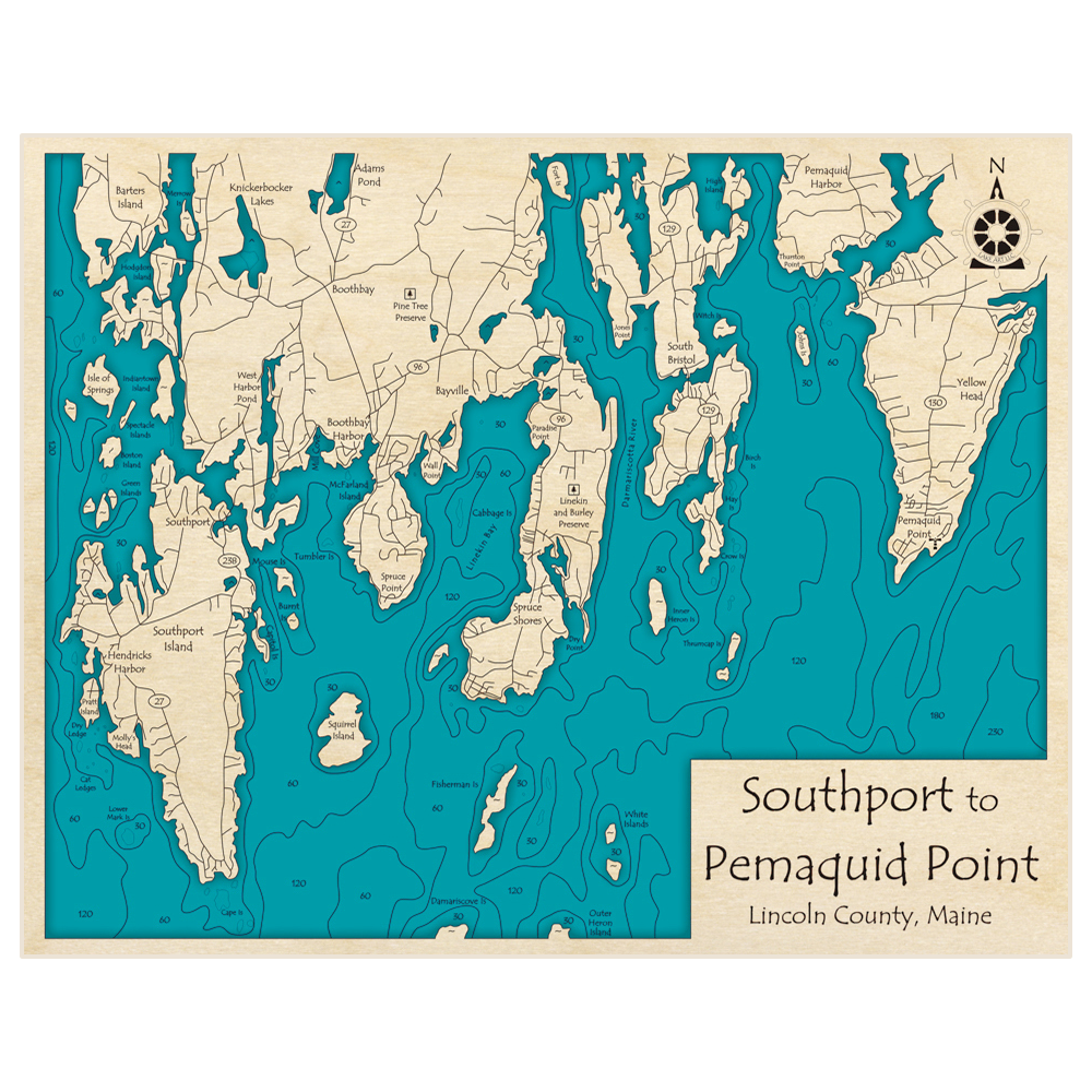 Bathymetric topo map of Southport to Pemaquid Point with roads, towns and depths noted in blue water
