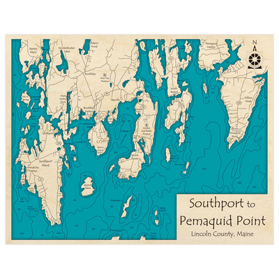 Bathymetric topo map of Southport to Pemaquid Point with roads, towns and depths noted in blue water
