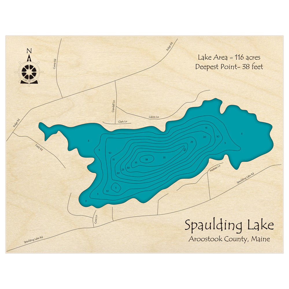 Bathymetric topo map of Spaulding Lake with roads, towns and depths noted in blue water