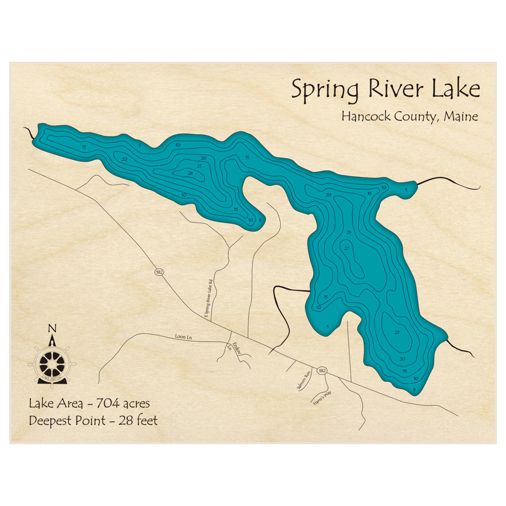Bathymetric topo map of Spring River Lake with roads, towns and depths noted in blue water