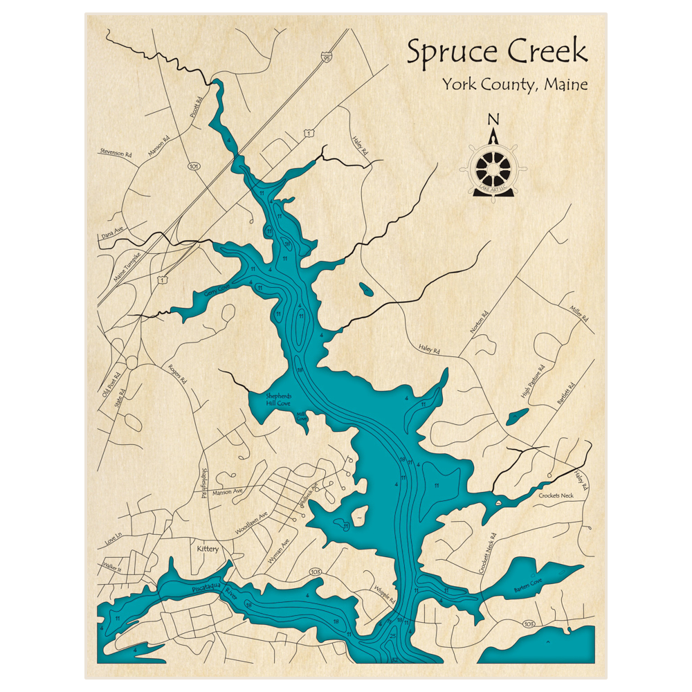 Bathymetric topo map of Spruce Creek with roads, towns and depths noted in blue water