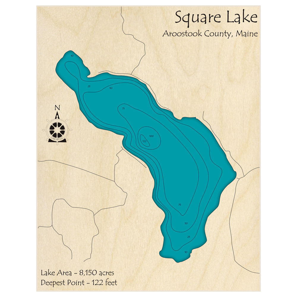 Bathymetric topo map of Square Lake with roads, towns and depths noted in blue water