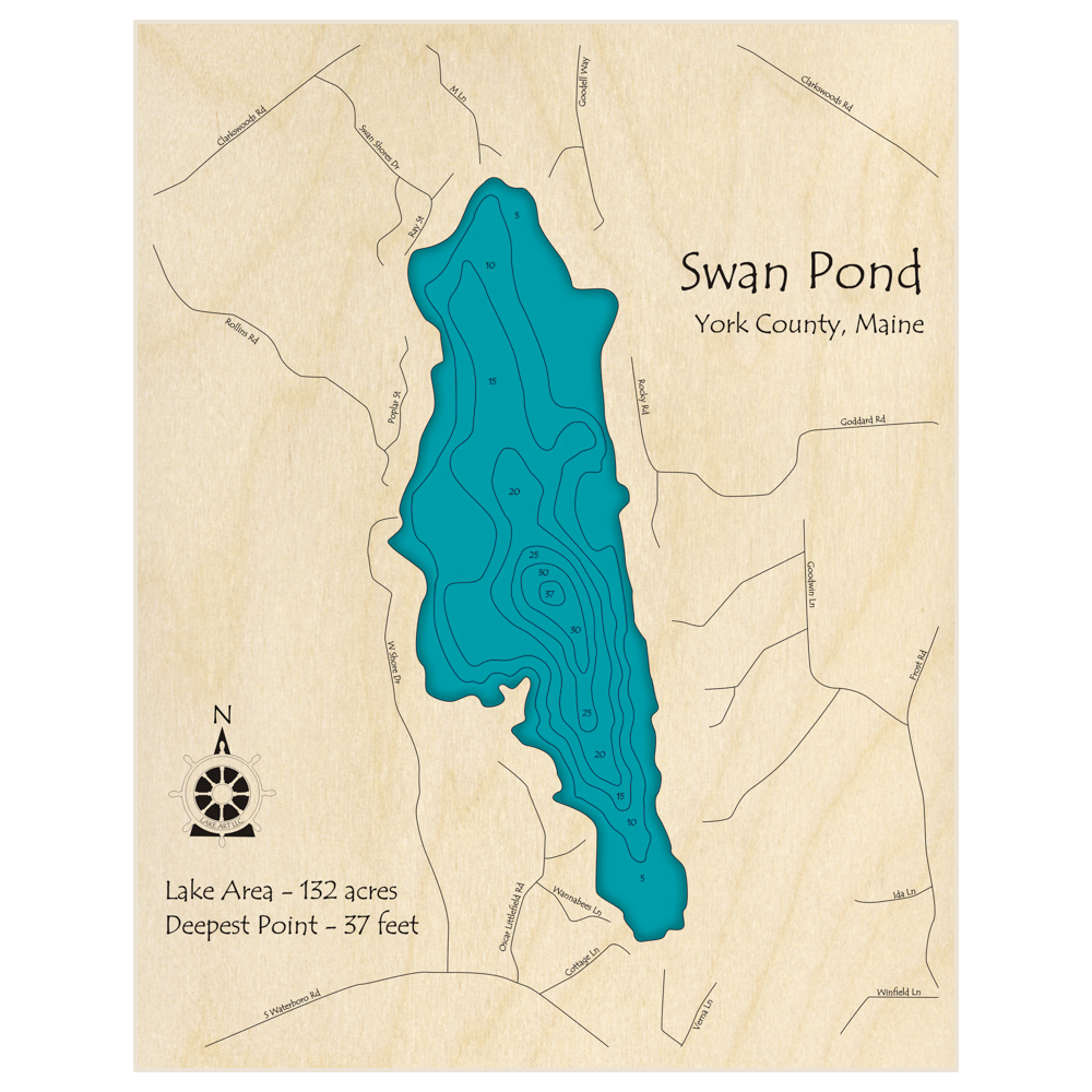 Bathymetric topo map of Swan Pond with roads, towns and depths noted in blue water