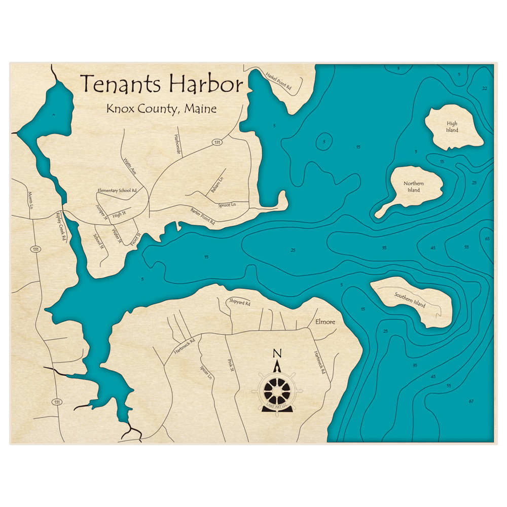Bathymetric topo map of Tenants Harbor with roads, towns and depths noted in blue water