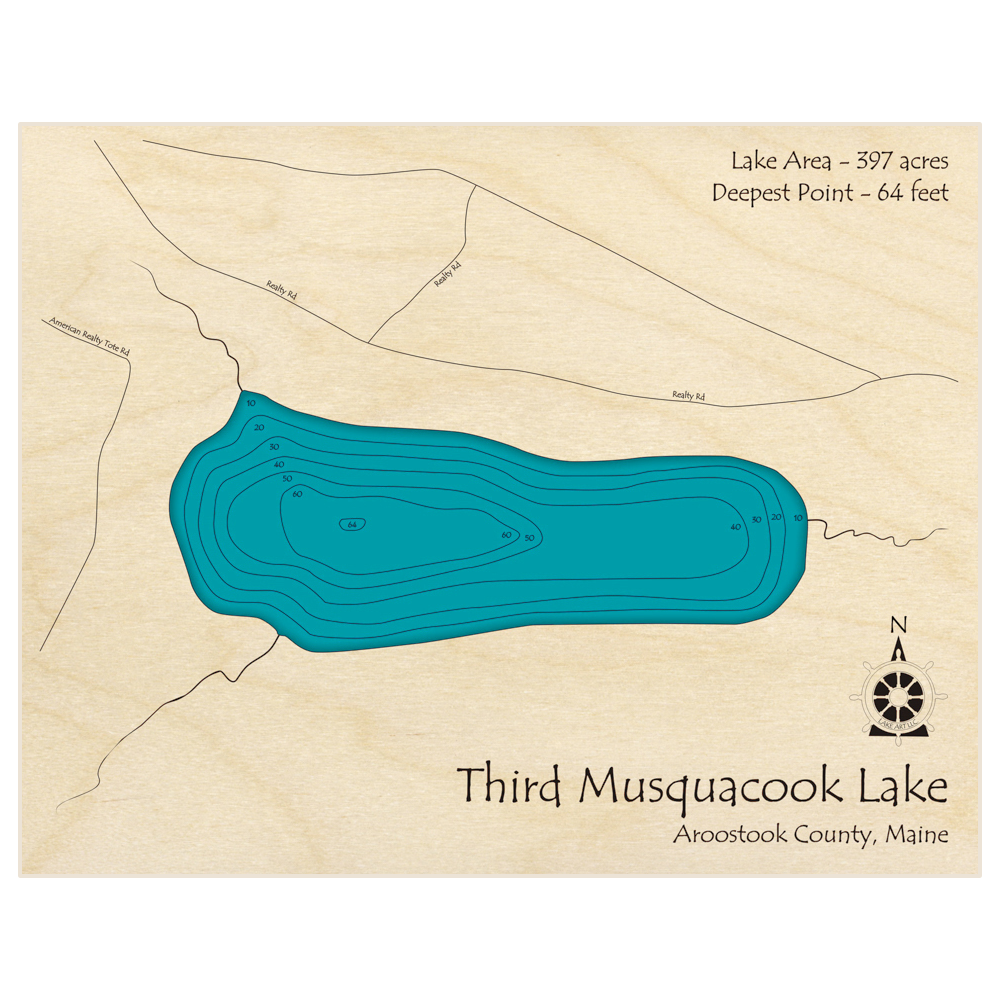 Bathymetric topo map of Third Musquacook Lake with roads, towns and depths noted in blue water