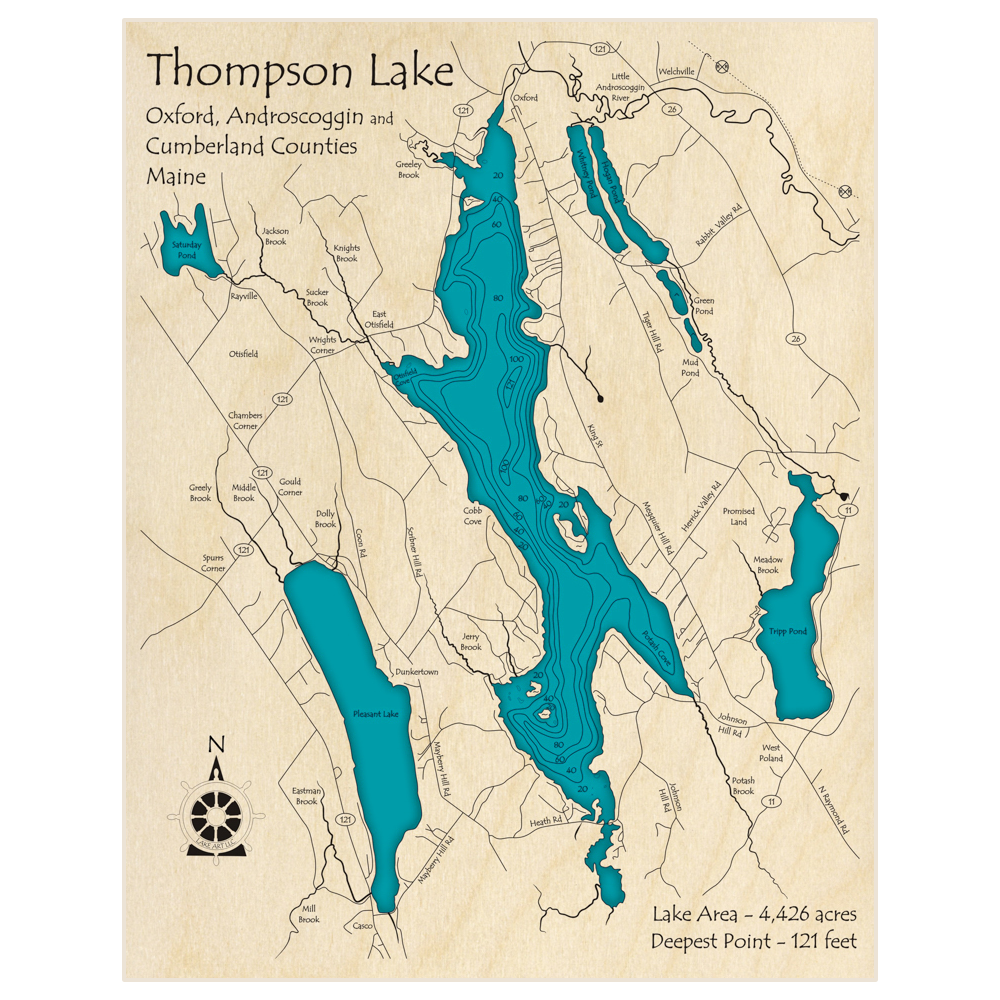 Bathymetric topo map of Thompson Lake with roads, towns and depths noted in blue water