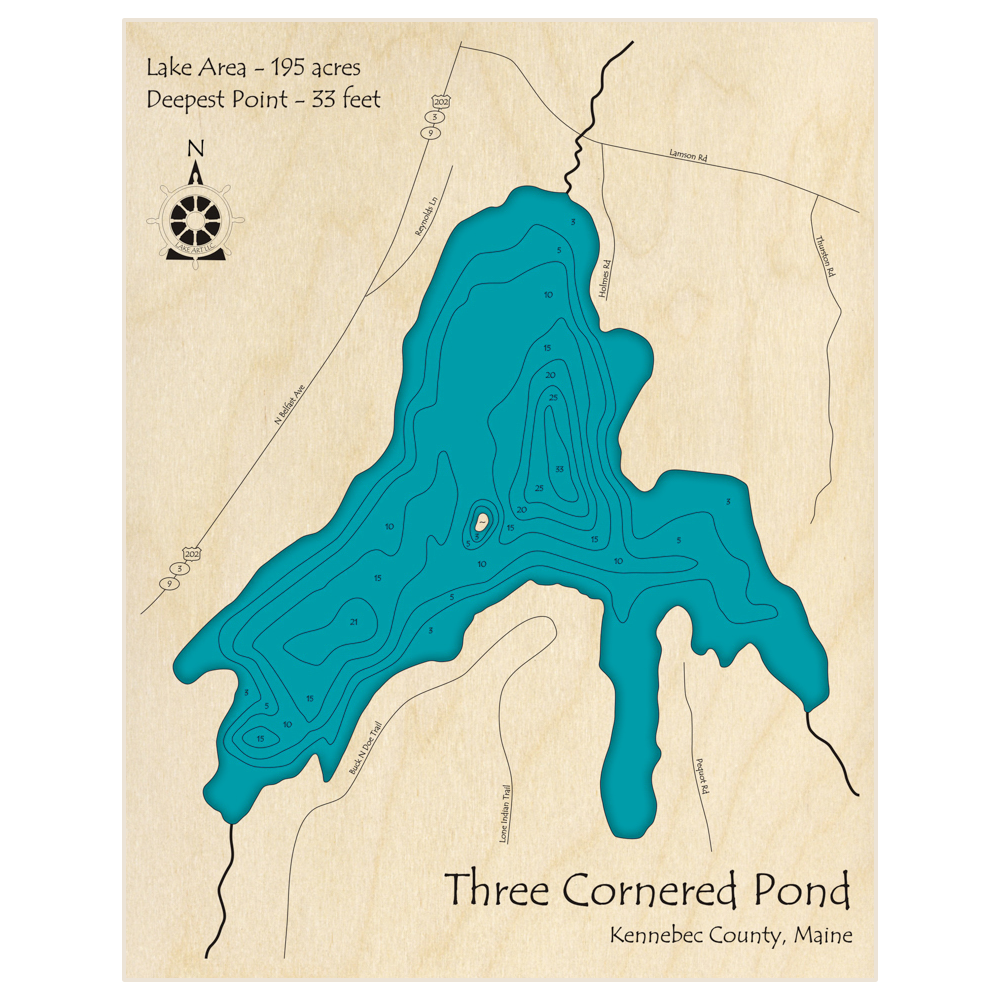 Bathymetric topo map of Three Cornered Pond with roads, towns and depths noted in blue water