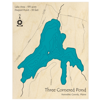 Bathymetric topo map of Three Cornered Pond with roads, towns and depths noted in blue water