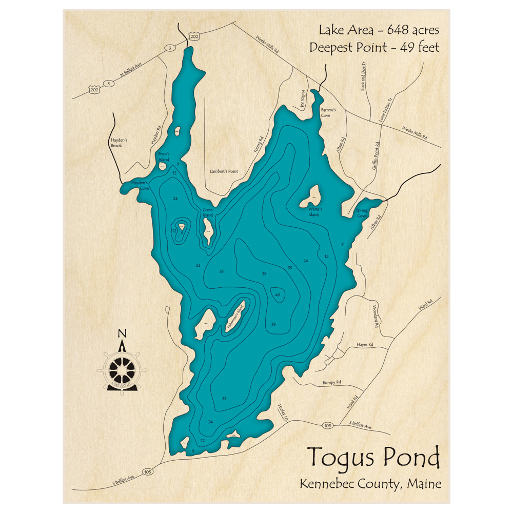 Bathymetric topo map of Togus Pond with roads, towns and depths noted in blue water