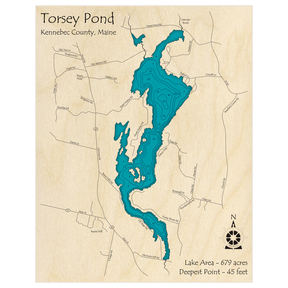 Bathymetric topo map of Torsey Lake with roads, towns and depths noted in blue water