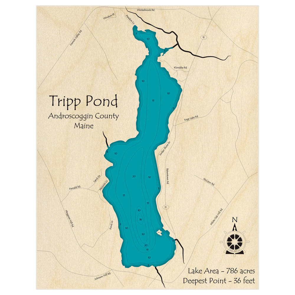 Bathymetric topo map of Tripp Pond with roads, towns and depths noted in blue water