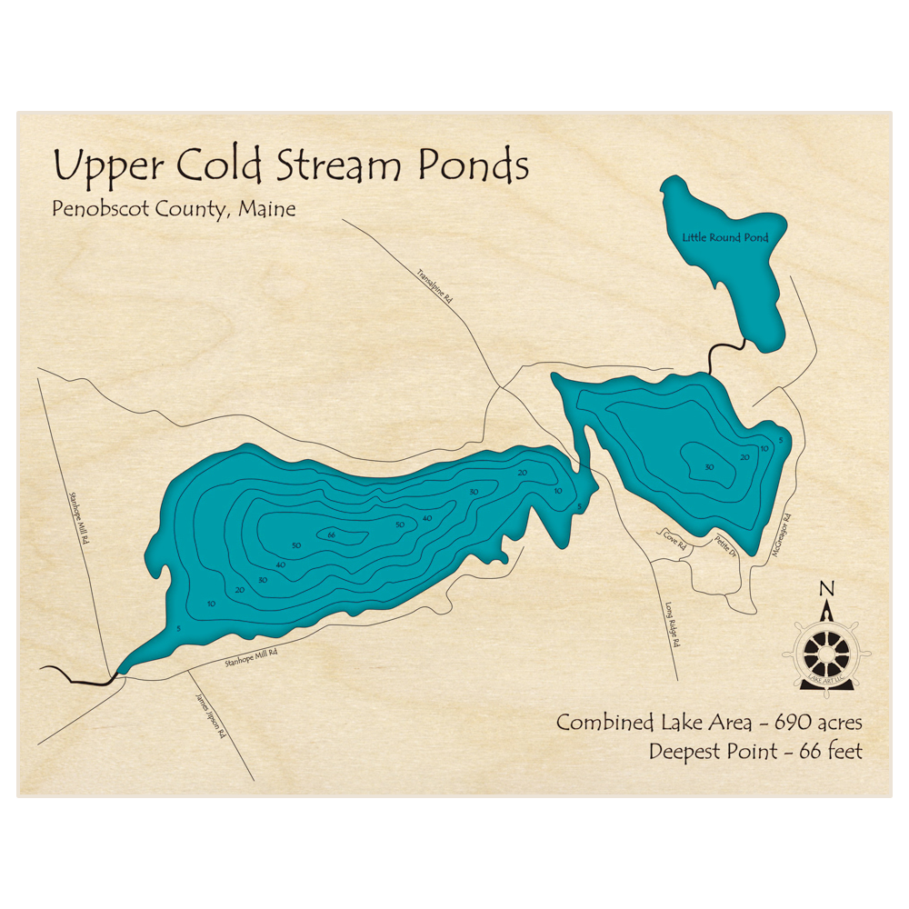 Bathymetric topo map of Upper Cold Stream Ponds with roads, towns and depths noted in blue water