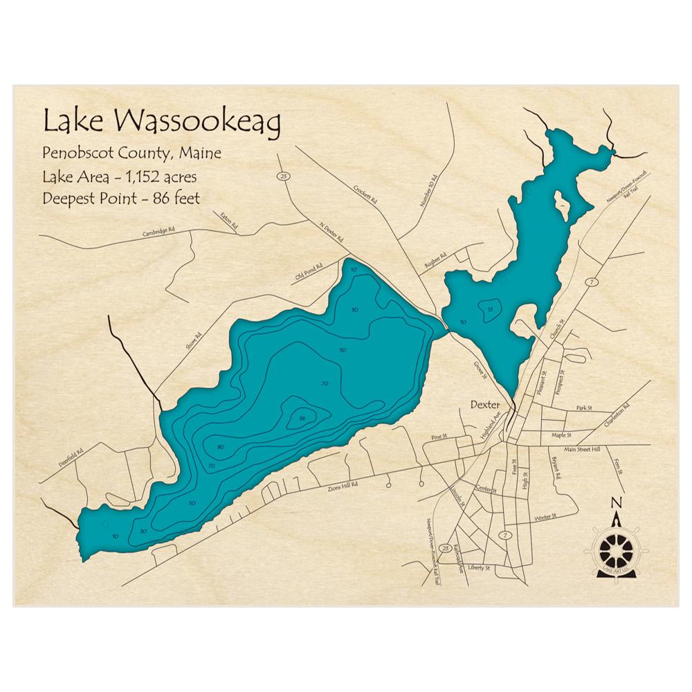 Bathymetric topo map of Lake Wassookeag with roads, towns and depths noted in blue water