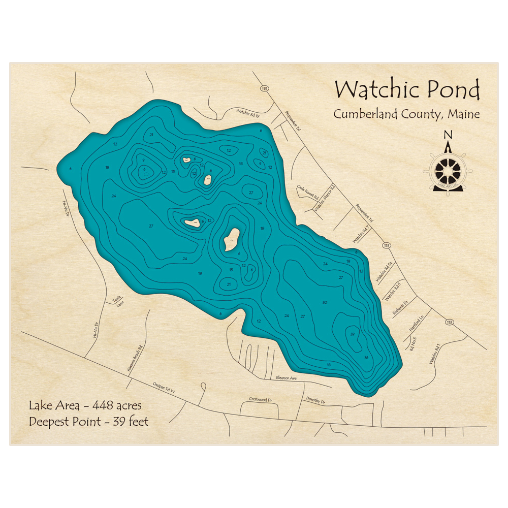 Bathymetric topo map of Watchic Pond with roads, towns and depths noted in blue water