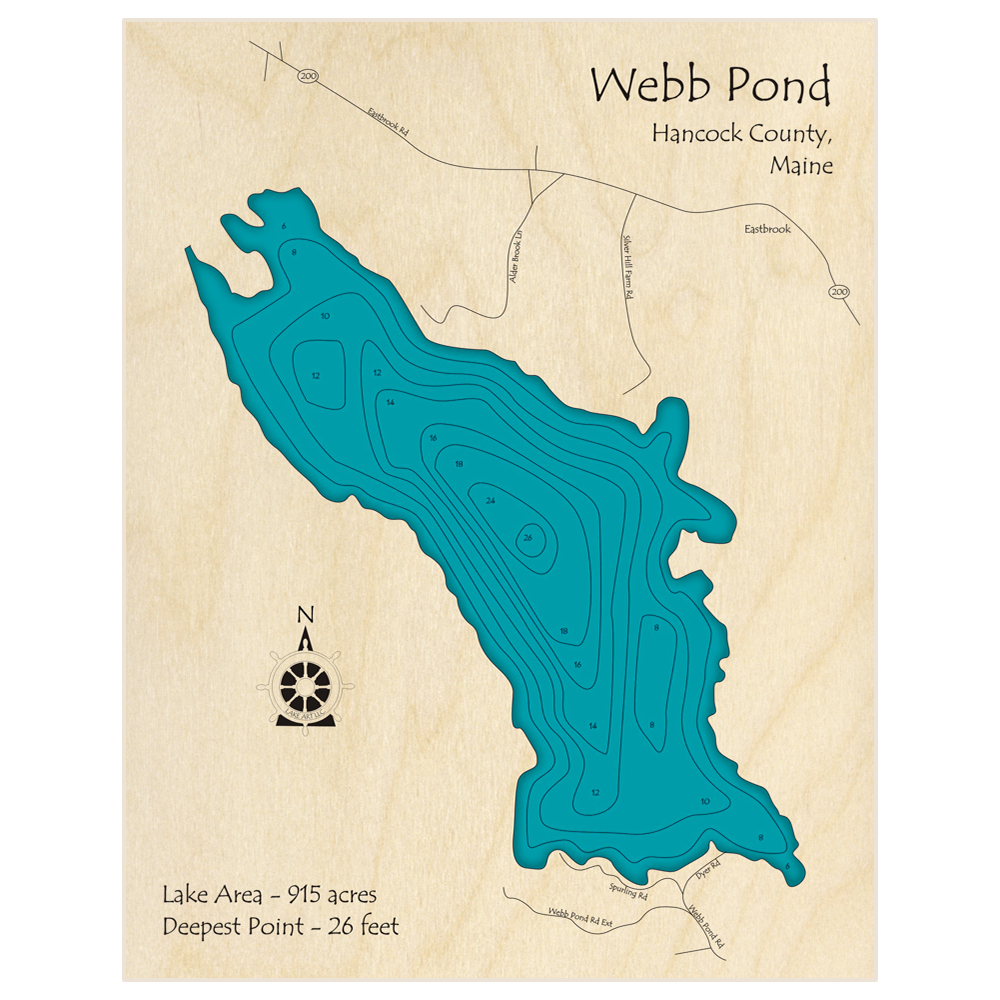 Bathymetric topo map of Webb Pond with roads, towns and depths noted in blue water