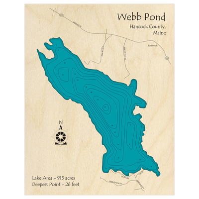 Bathymetric topo map of Webb Pond with roads, towns and depths noted in blue water