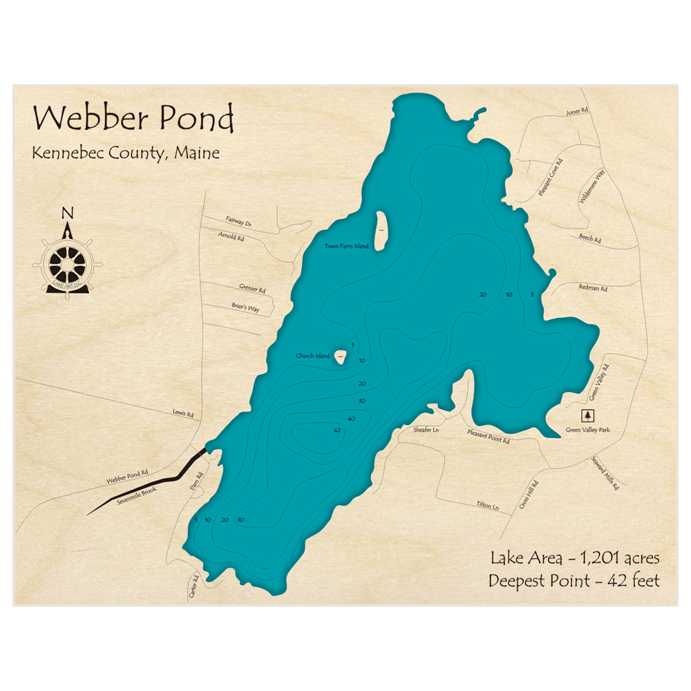 Bathymetric topo map of Webber Pond with roads, towns and depths noted in blue water