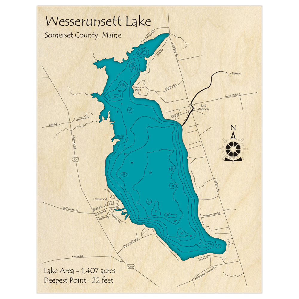 Bathymetric topo map of Wesserunsett Lake with roads, towns and depths noted in blue water