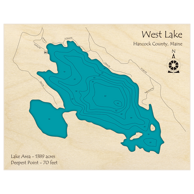 Bathymetric topo map of West Lake with roads, towns and depths noted in blue water