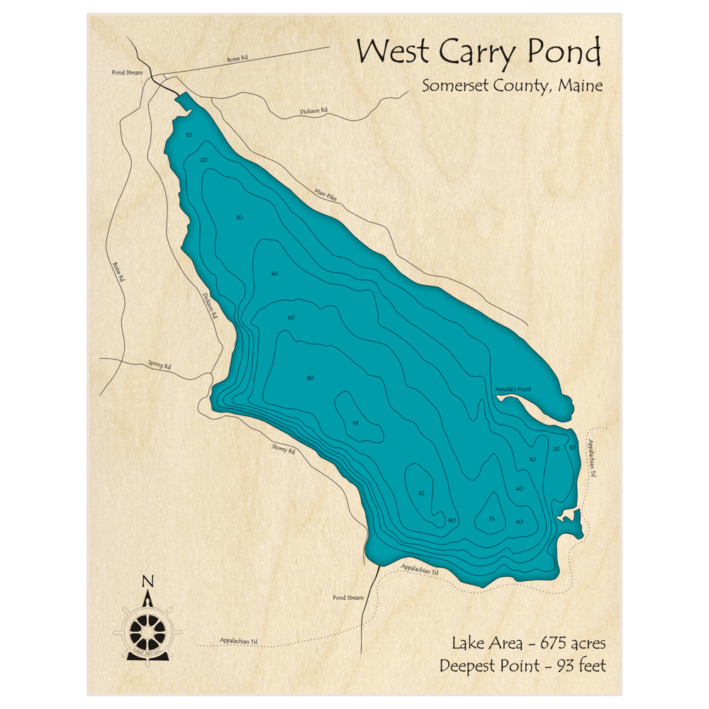 Bathymetric topo map of West Carry Pond with roads, towns and depths noted in blue water