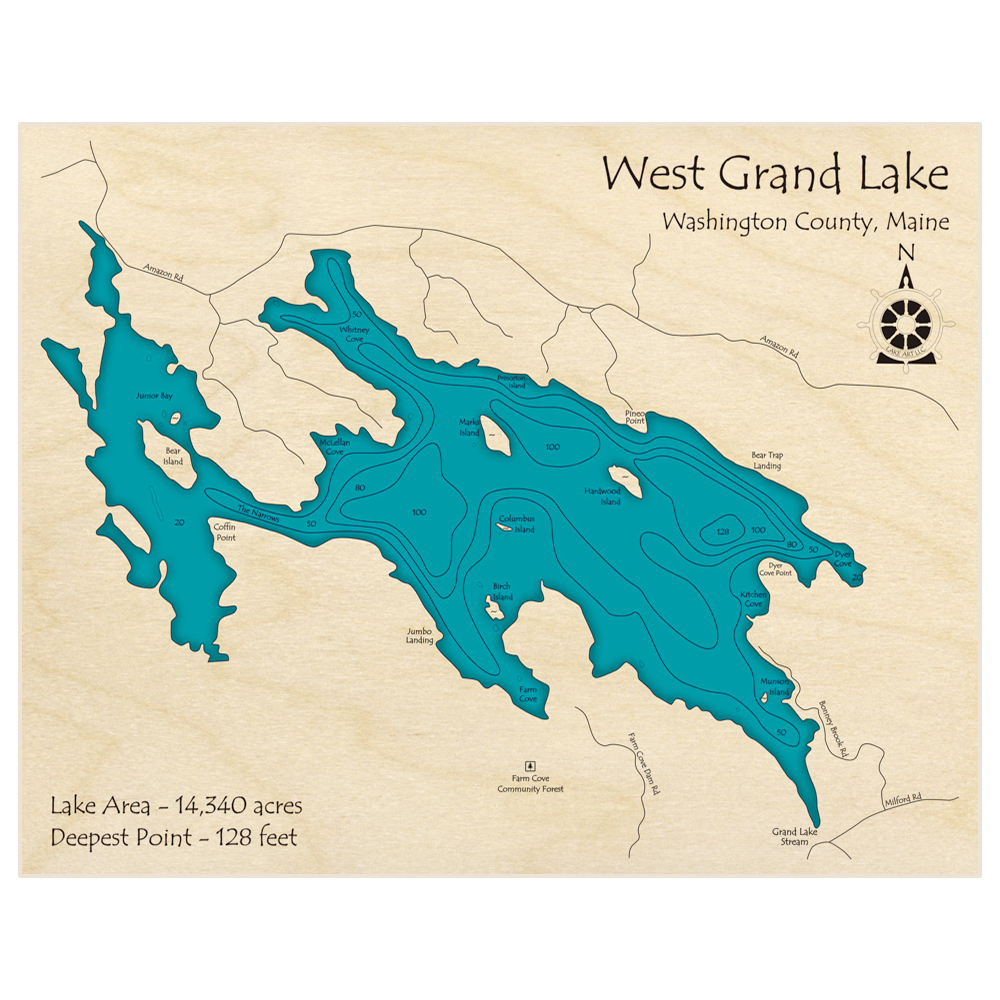 Bathymetric topo map of West Grand Lake with roads, towns and depths noted in blue water