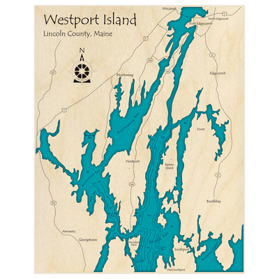 Bathymetric topo map of Westport Island with roads, towns and depths noted in blue water