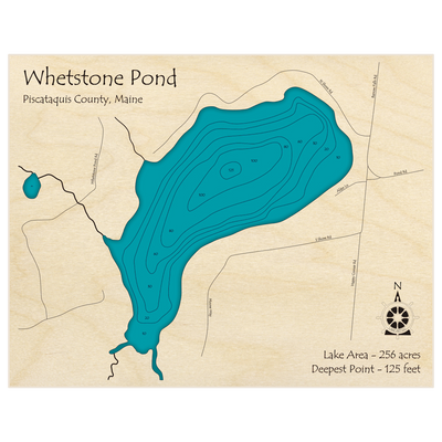 Bathymetric topo map of Whetstone Pond with roads, towns and depths noted in blue water