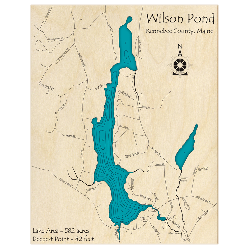 Bathymetric topo map of Wilson Pond with roads, towns and depths noted in blue water
