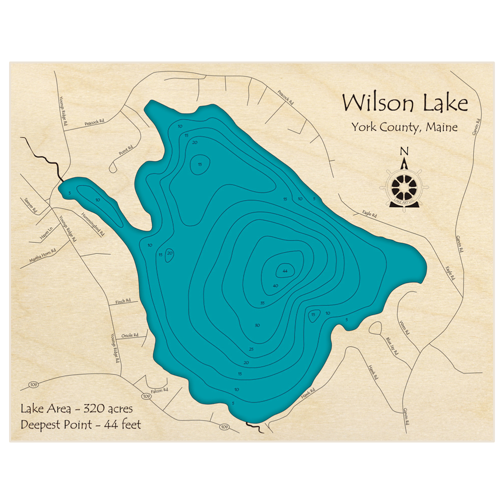 Bathymetric topo map of Wilson Lake with roads, towns and depths noted in blue water