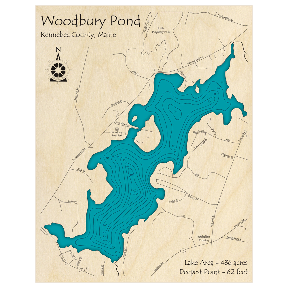 Bathymetric topo map of Woodbury Pond with roads, towns and depths noted in blue water
