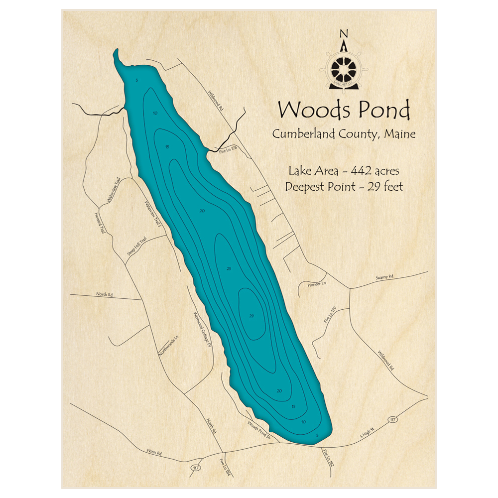 Bathymetric topo map of Woods Pond with roads, towns and depths noted in blue water
