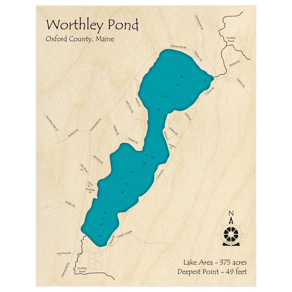 Bathymetric topo map of Worthley Pond with roads, towns and depths noted in blue water