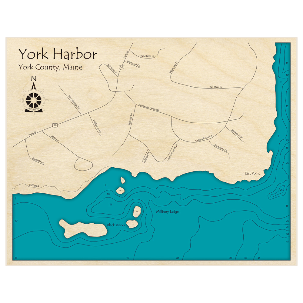 Bathymetric topo map of York Harbor (East Point Millbury Ledge Area) with roads, towns and depths noted in blue water
