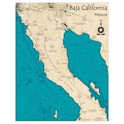 Bathymetric topo map of Baja California (north half) with roads, towns and depths noted in blue water