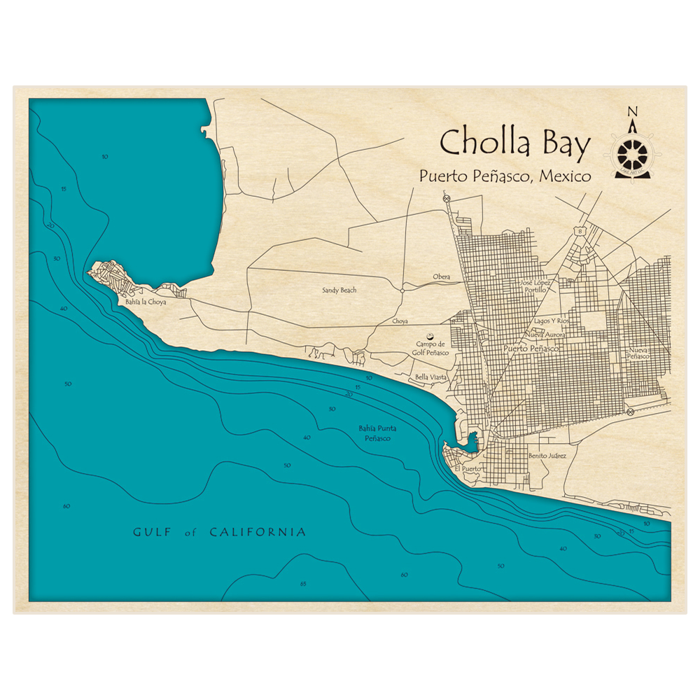 Bathymetric topo map of Cholla Bay with roads, towns and depths noted in blue water