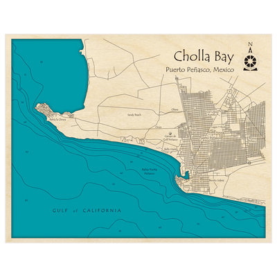 Bathymetric topo map of Cholla Bay with roads, towns and depths noted in blue water