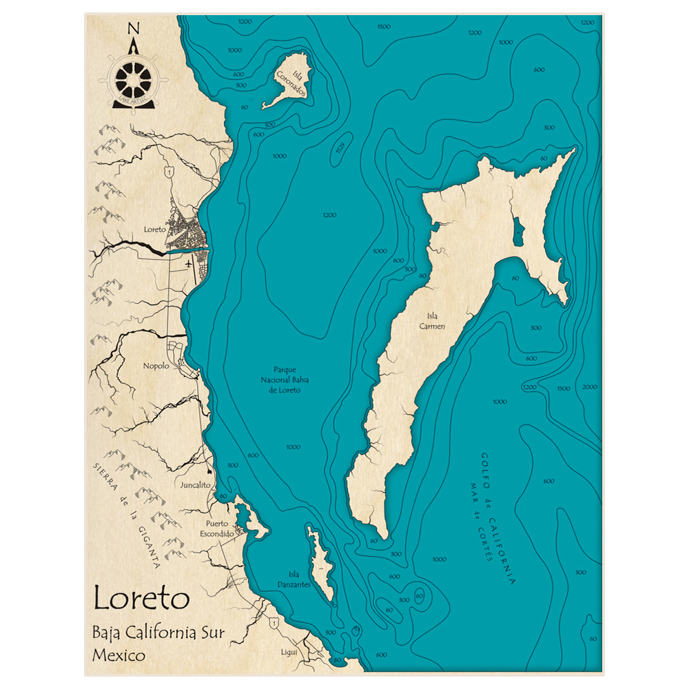 Bathymetric topo map of Loreto and Isla Carmen of Baja California Sur with roads, towns and depths noted in blue water