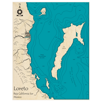 Bathymetric topo map of Loreto and Isla Carmen of Baja California Sur with roads, towns and depths noted in blue water