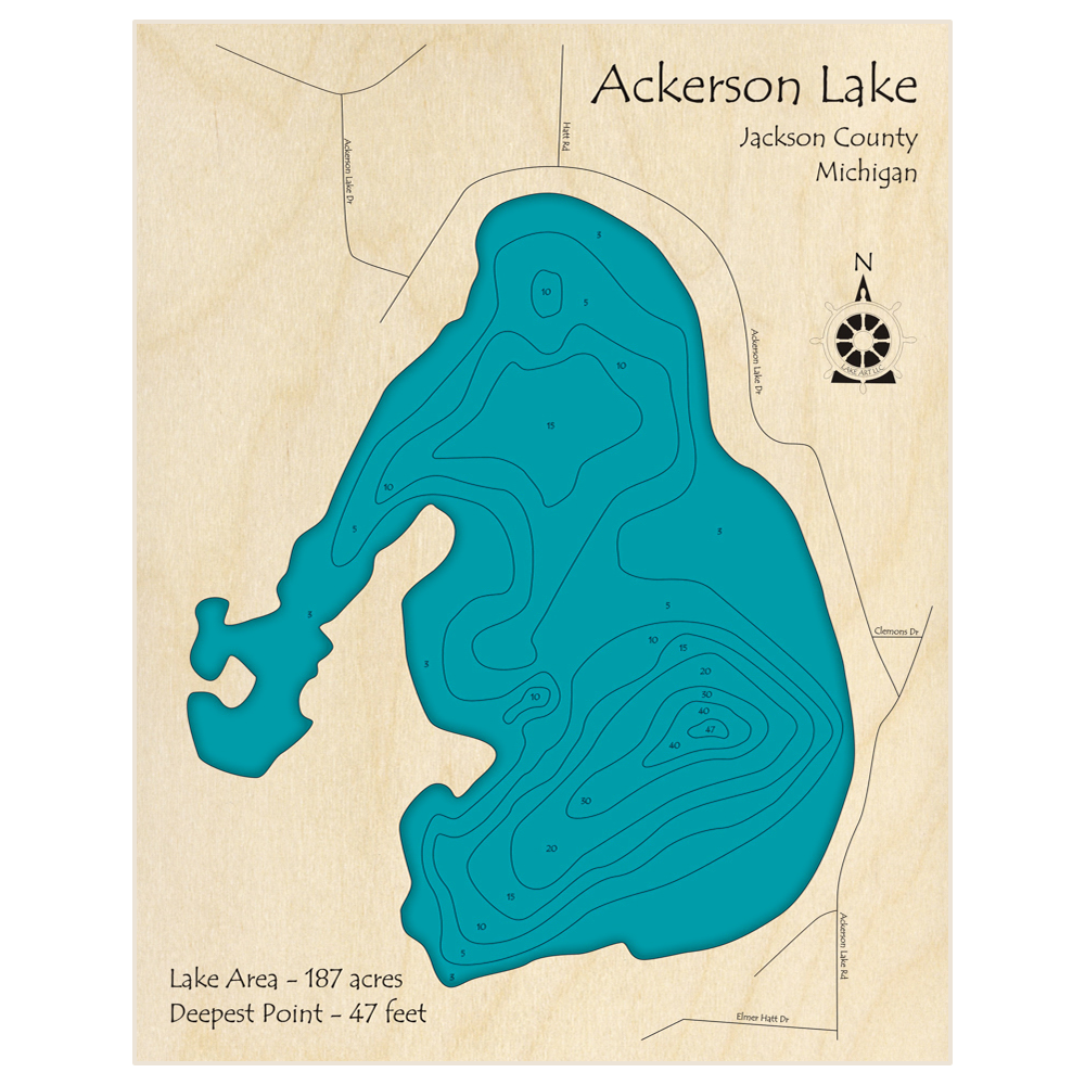 Bathymetric topo map of Ackerson Lake with roads, towns and depths noted in blue water