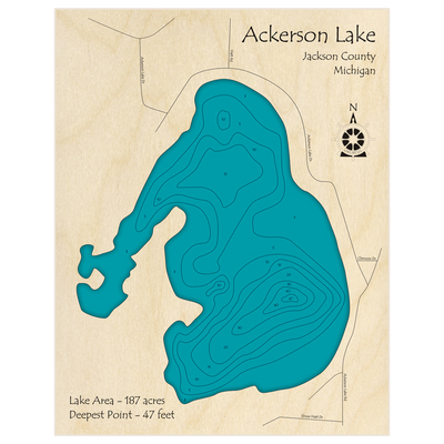 Bathymetric topo map of Ackerson Lake with roads, towns and depths noted in blue water