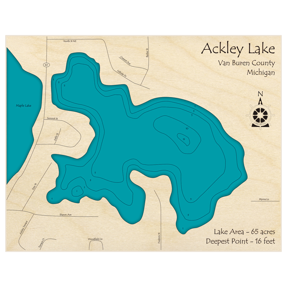Bathymetric topo map of Ackley Lake with roads, towns and depths noted in blue water