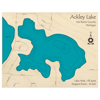 Bathymetric topo map of Ackley Lake with roads, towns and depths noted in blue water