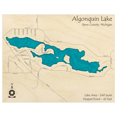 Bathymetric topo map of Algonquin Lake with roads, towns and depths noted in blue water