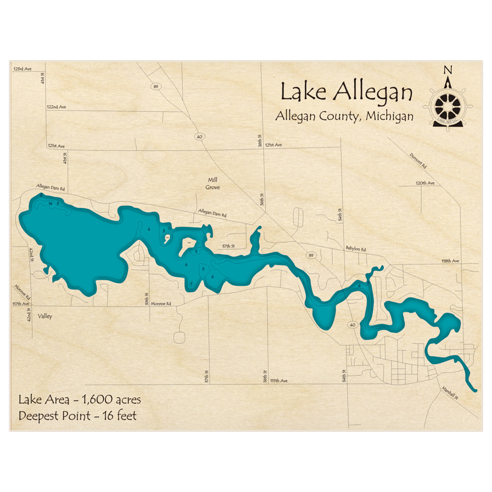 Bathymetric topo map of Lake Allegan with roads, towns and depths noted in blue water