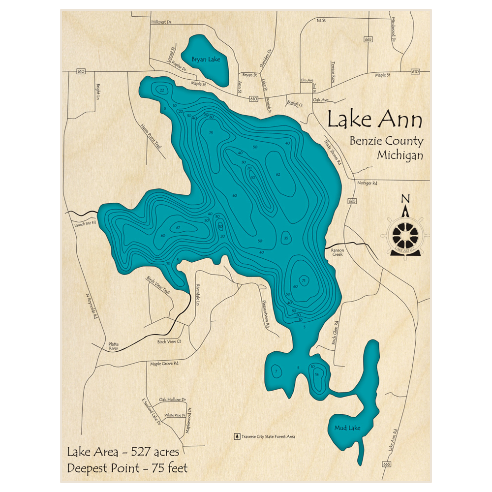 Bathymetric topo map of Lake Ann with roads, towns and depths noted in blue water
