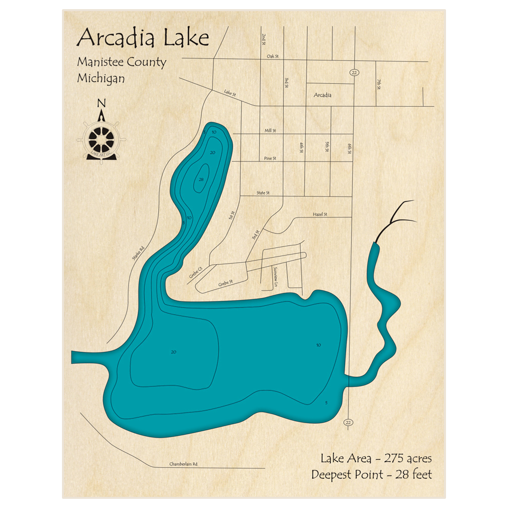 Bathymetric topo map of Arcadia Lake with roads, towns and depths noted in blue water